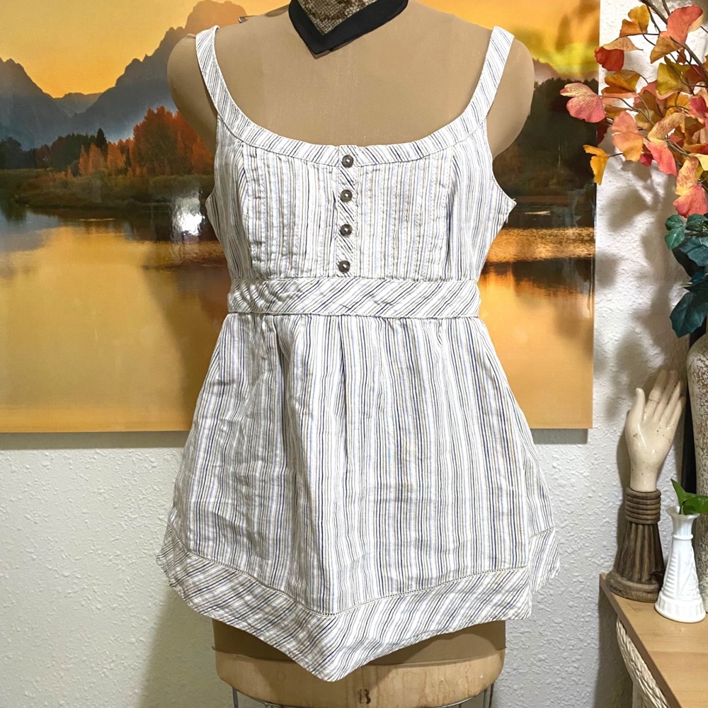 New MNG Mango 100% Linen Tank Top Coastal Cottagecore Peplum Women XL Stripe